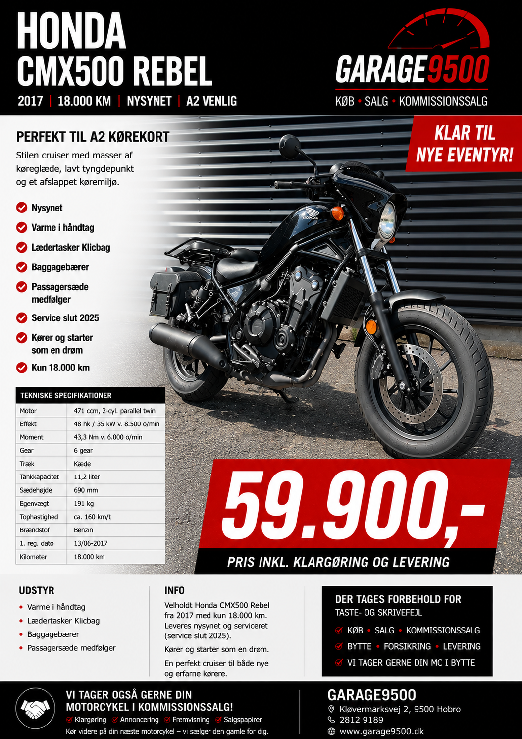 Honda CMX500 Rebel 2017 – Kun 18.000 km – A2 motorcykel