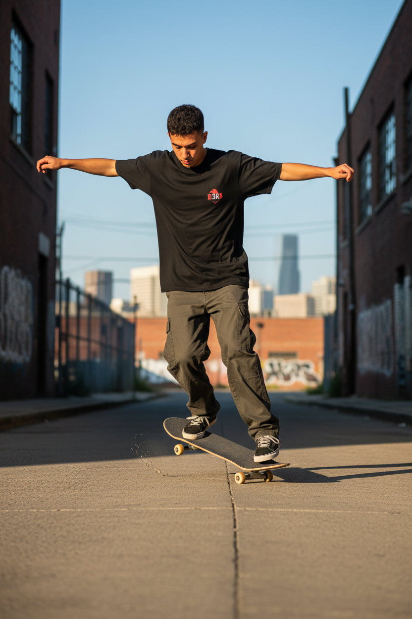 Skateboarder performing a trick on the street wearing a black t-shirt and baggy pants, with city skyline in the background.