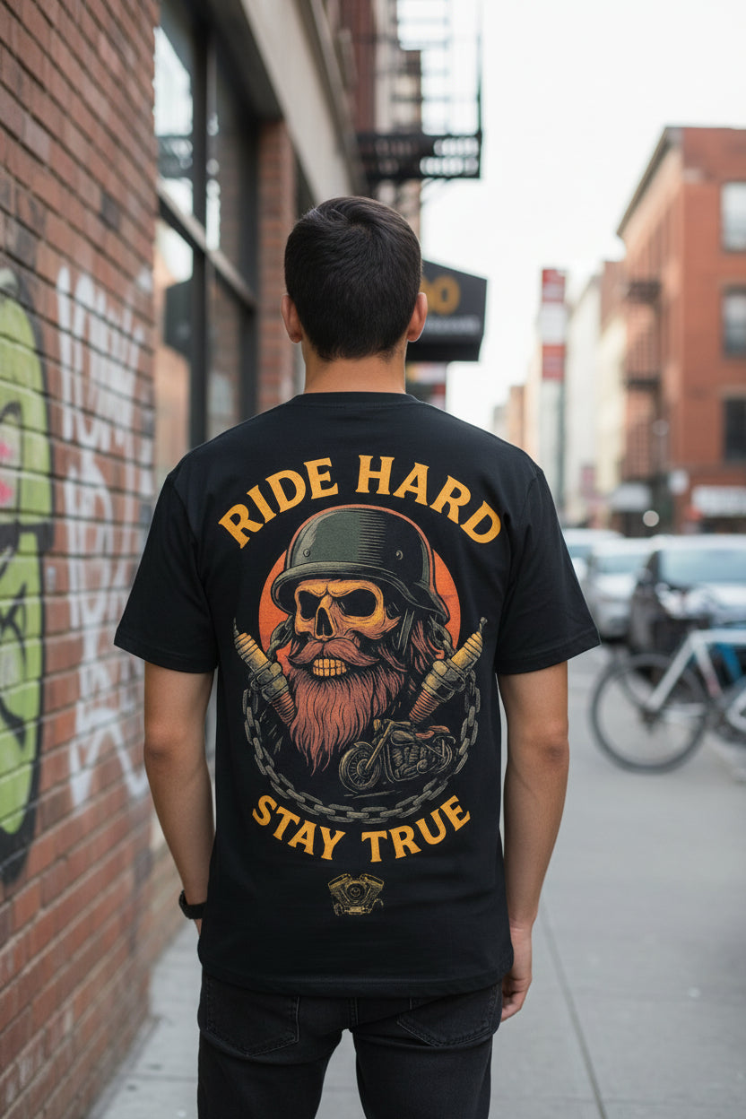 B3RS Ride Hard Stay True Skull T-Shirt worn by a person in an urban setting with a skull and helmet design on the back.
