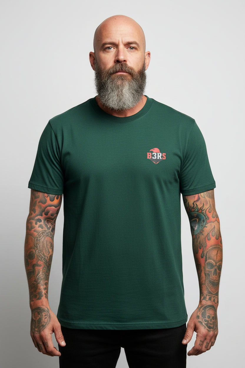 B3RS Ride Hard Stay True Skull T-Shirt worn by a tattooed man with a beard, showcasing the front design.