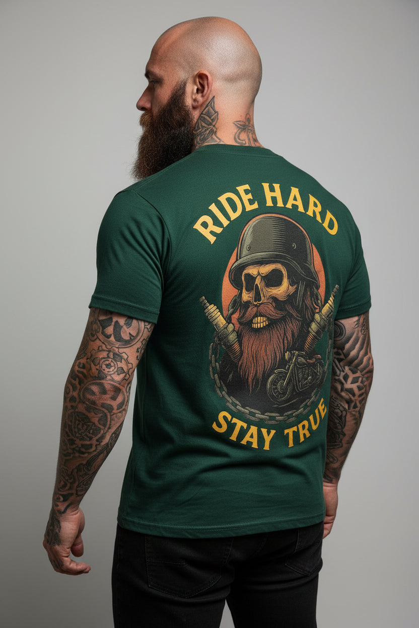 B3RS Ride Hard Stay True Skull T-Shirt featuring a skull and biker design on the back, perfect for riders.
