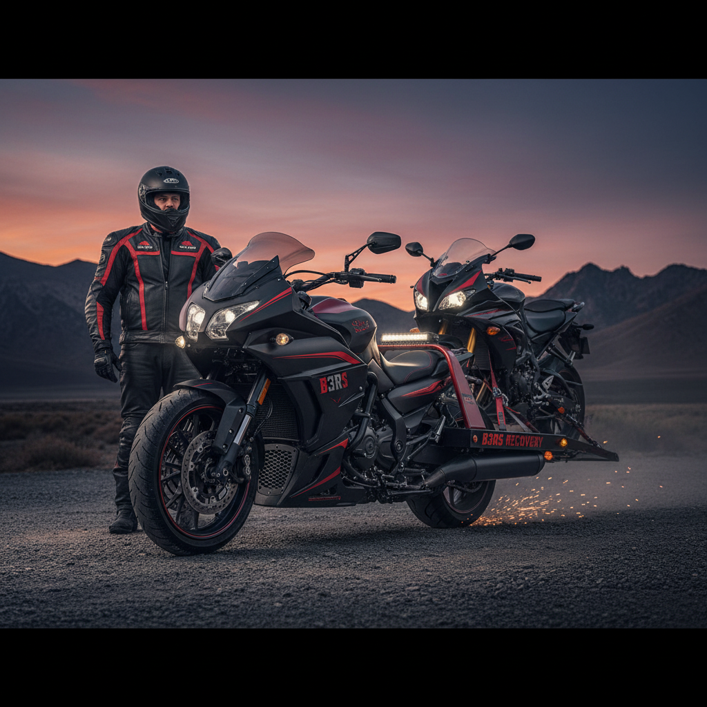 B3RS Ride Hard Stay True Skull T-Shirt worn by a rider next to stylish motorcycles at sunset.